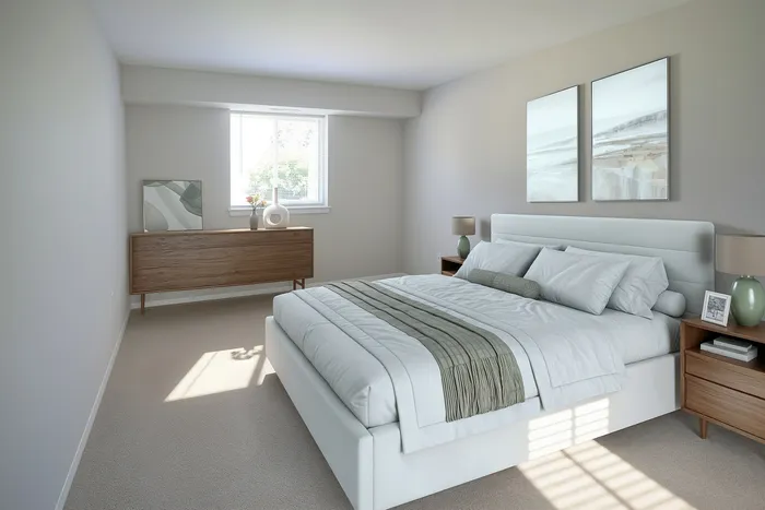 Bright, elegant bedroom with modern decor, featuring a plush bed, chic bedside tables, and large window for natural light.
