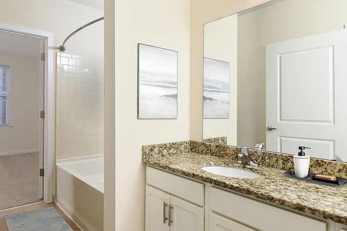 Elegant bathroom with granite countertop, modern fixtures, and inviting bathtub in a bright, spacious setting.