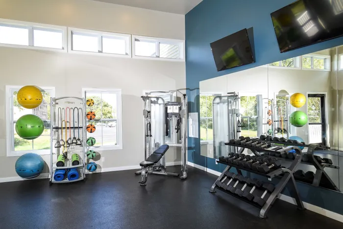 Bright and modern fitness center with state-of-the-art equipment, featuring free weights, exercise balls, and versatile gym machines for an invigorating workout experience.
