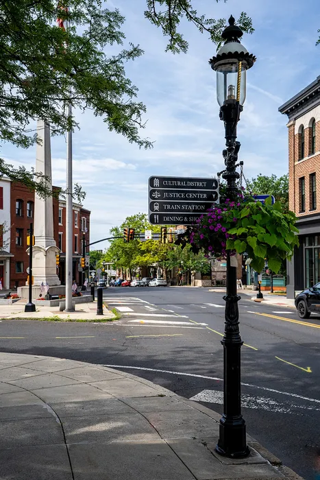 Charming street corner with elegant lamp post and vibrant hanging flowers, surrounded by historic architecture and directional signs to cultural district, justice center, train station, and dining.