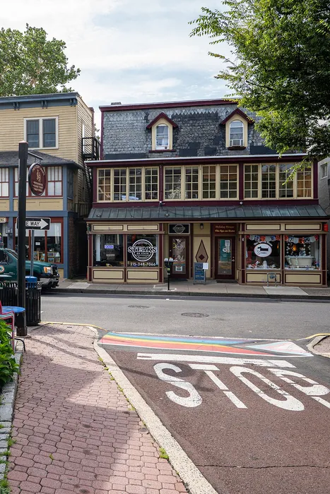 Charming historic street view featuring quaint shops with vintage architecture, brick pathway, and a colorful crosswalk.