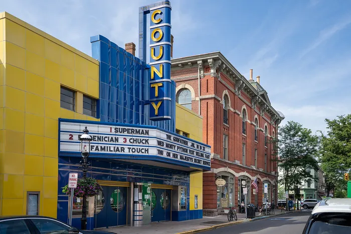 Charming streetscape with a vintage-style theater marquee, vibrant architecture, and inviting storefronts.