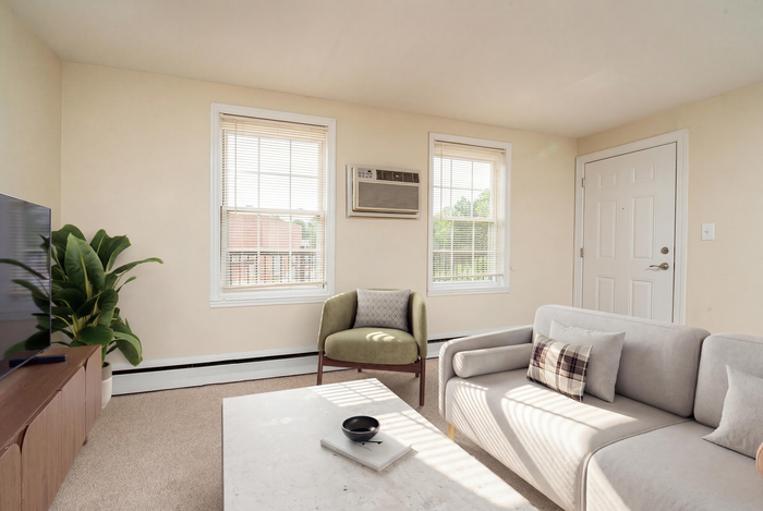 Bright and inviting living room featuring cozy modern furniture, stylish decor, and large windows for ample natural light.