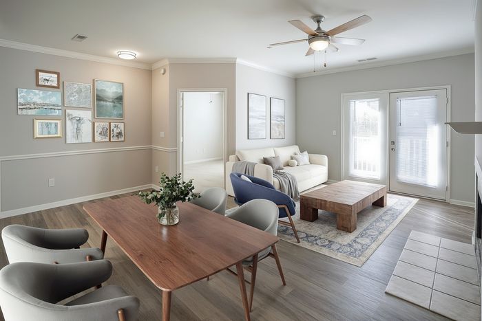 Elegant apartment living room featuring stylish decor, modern furnishings, and abundant natural light, perfect for cozy gatherings.