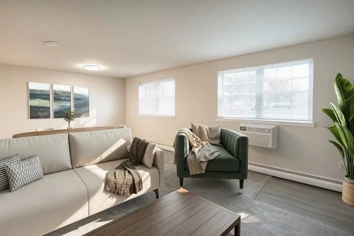 Bright, inviting living room featuring a comfortable sofa, lush green armchair, and modern artwork, illuminated by ample natural light from large windows.
