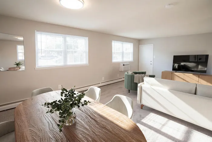 Bright, open-concept living and dining area featuring modern furniture and abundant natural light.