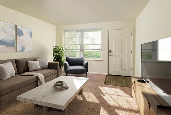 Bright and inviting living room with modern decor, featuring a comfortable sofa, stylish armchair, and large window allowing abundant natural light.