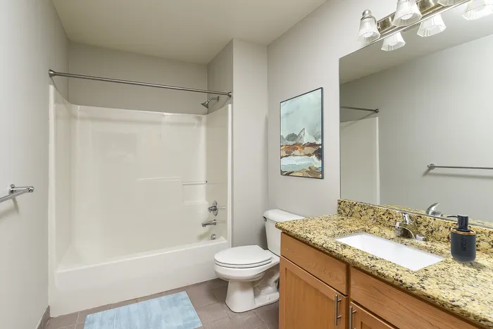 Elegant bathroom showcasing a modern bathtub, granite countertop, and stylish wall art in a bright, welcoming space.