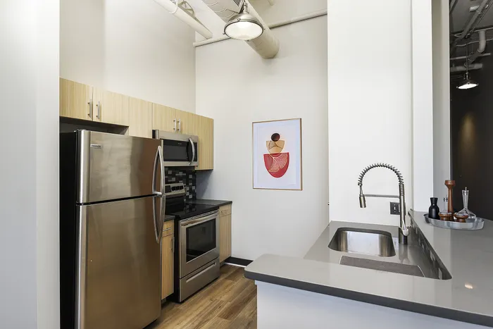 Modern kitchen with sleek stainless steel appliances, stylish backsplash, and elegant artwork on the wall, offering a contemporary and inviting space.