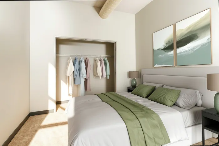 Elegant bedroom oasis featuring a spacious wardrobe and modern decor with calming green accents.