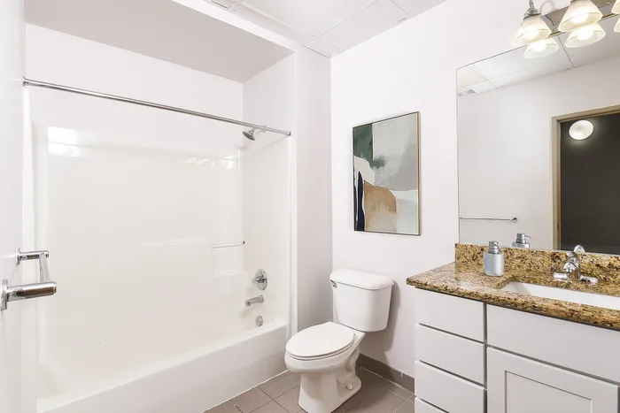 Elegant bathroom with modern fixtures, featuring a granite countertop, bathtub-shower combo, and contemporary artwork.