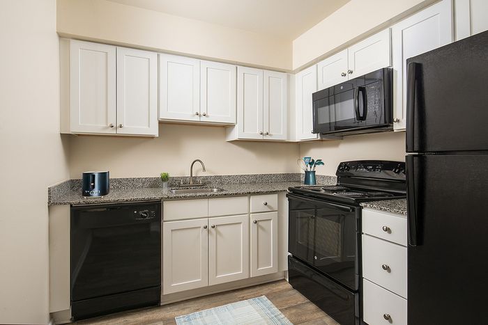 Chic, modern kitchen with sleek black appliances, elegant white cabinetry, and granite countertops.