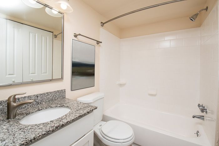 Modern bathroom with sleek granite countertop, elegant sink, spacious bathtub, and contemporary artwork, offering a serene and stylish space.