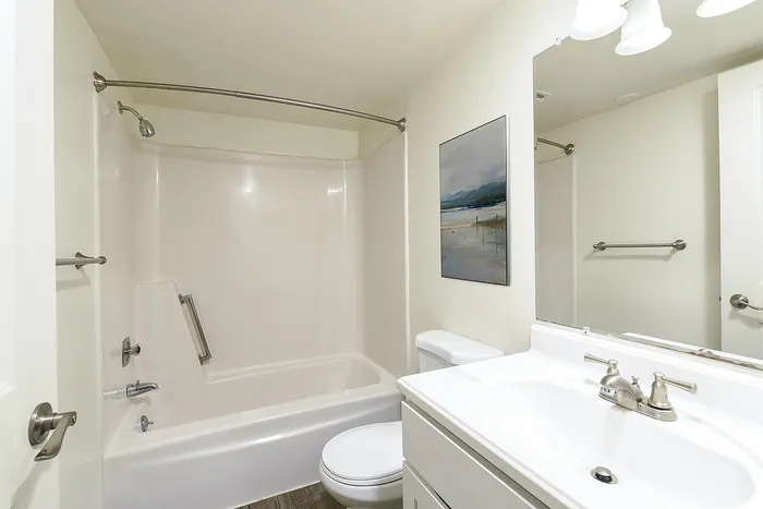 Bright and modern bathroom featuring a sleek bathtub, stylish vanity, and elegant wall art.