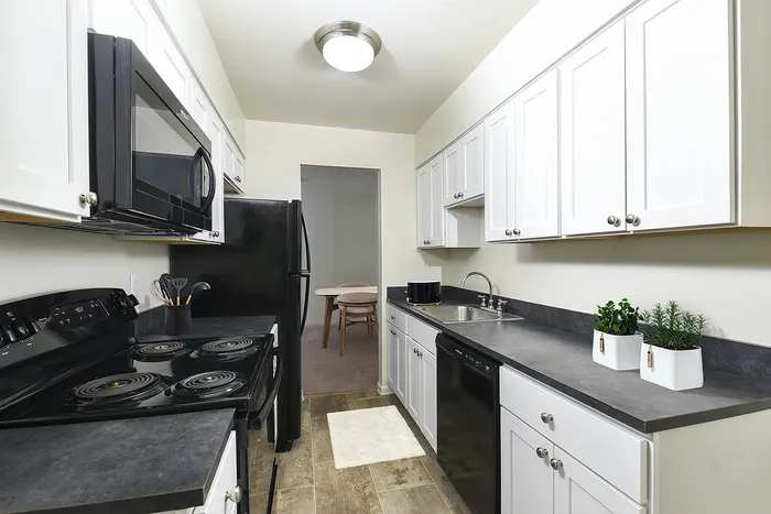 Modern kitchen with sleek black appliances, elegant white cabinetry, and stylish countertops, offering a spacious and inviting culinary space.