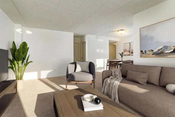 Inviting living area with plush seating, modern decor, and abundant natural light in a contemporary apartment.