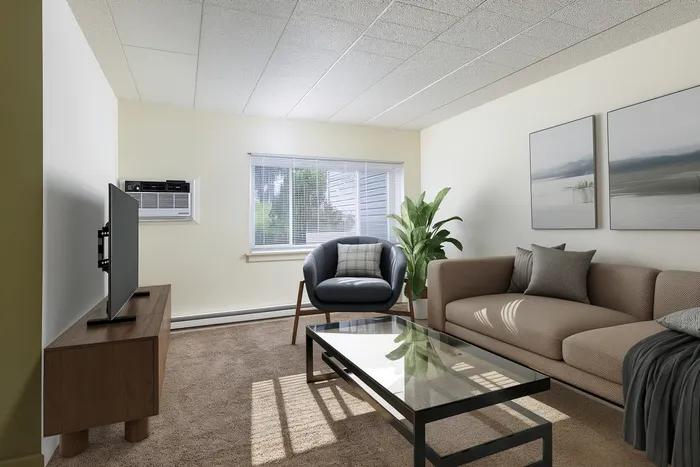 Bright and welcoming living room with modern decor, cozy brown sofa set, stylish glass coffee table, and lush green plant by the window.