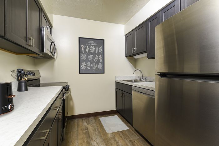 Modern kitchen with stylish dark cabinetry, stainless steel appliances, and elegant countertop. Perfect blend of functionality and design.