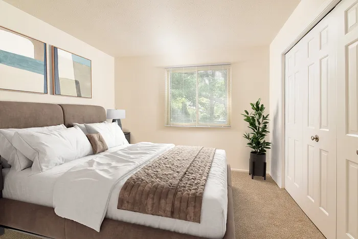 Inviting bedroom with stylish decor, plush bed, and natural light from a large window, perfect for relaxation.