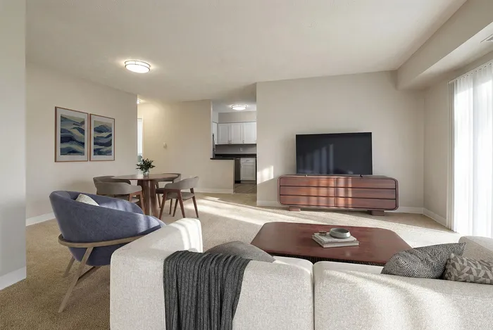 Bright and inviting living room with modern furniture, cozy seating, and a sleek TV unit, ideal for relaxation and style.
