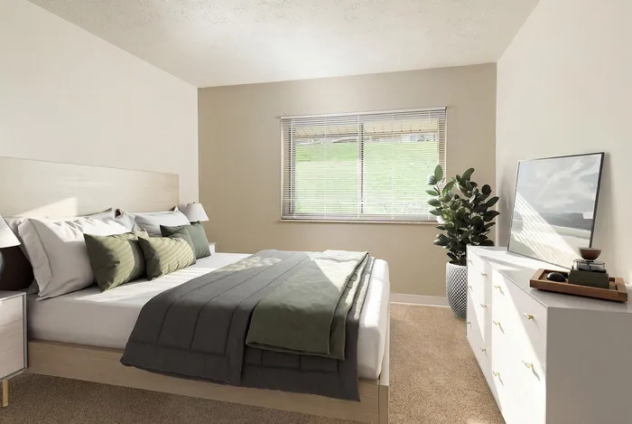 Serene bedroom with a sunlit window, elegant decor, and a cozy atmosphere perfect for relaxation.