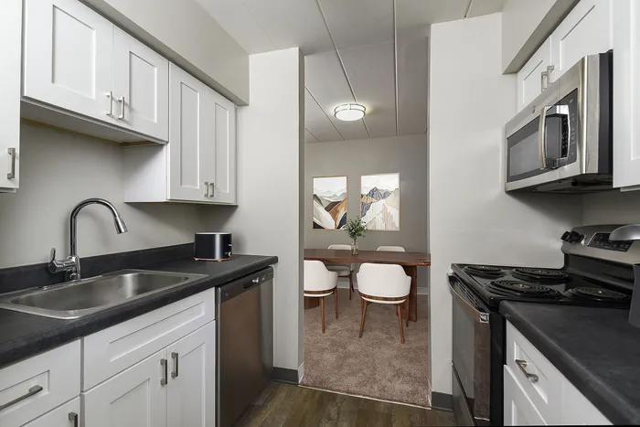 Contemporary kitchen with sleek countertops, stainless steel appliances, and a view into a cozy dining area with elegant artwork.