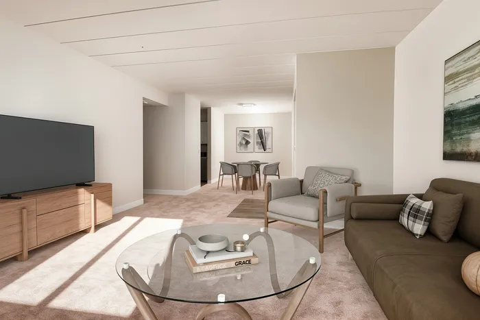 Bright and modern living room with elegant decor, featuring a cozy brown sofa, stylish armchairs, and a sleek glass coffee table. Abundant natural light highlights a neutral color palette and a contemporary dining area in the background.
