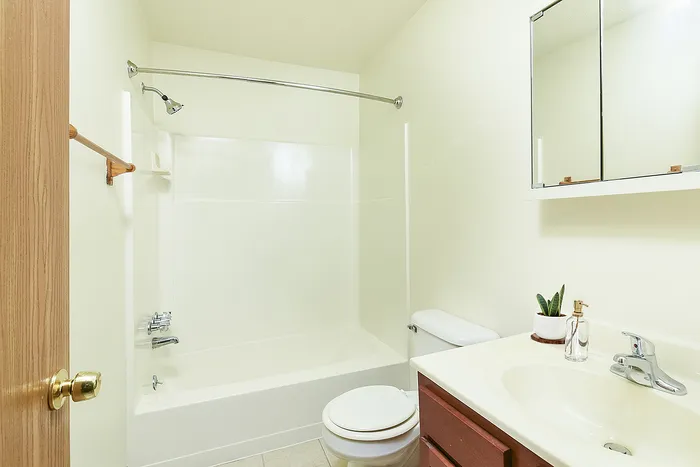 Bright and modern bathroom featuring sleek fixtures, a spacious tub, and elegant vanity in a serene setting.