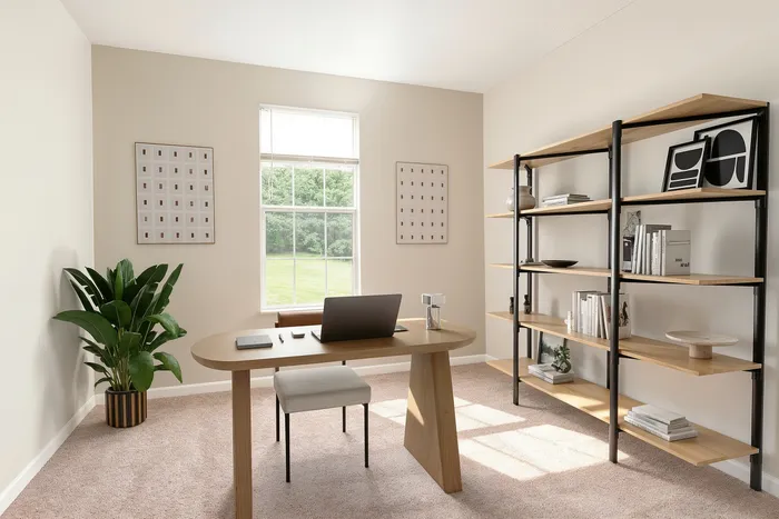 Elegant home office featuring a sleek wooden desk, large window with a scenic view, and stylish shelving unit with decor.