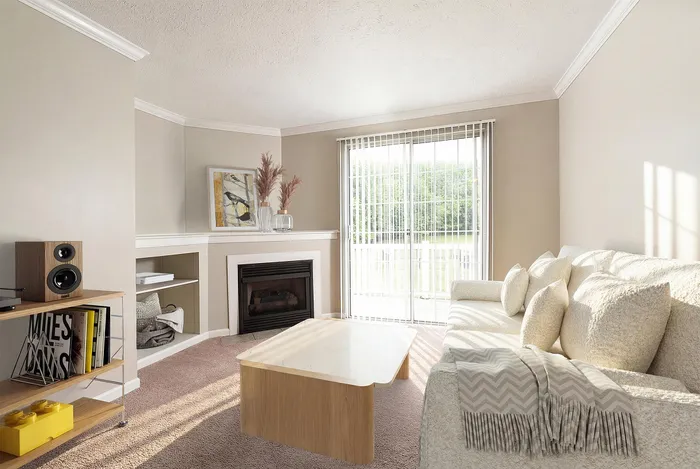 Inviting living room with plush seating, elegant fireplace, and natural light streaming through vertical blinds.