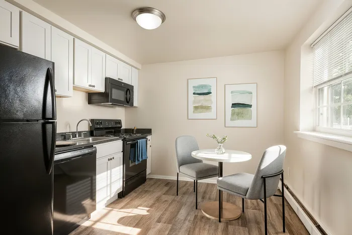 Charming apartment kitchen with sleek black appliances, cozy dining nook, and abundant natural light.