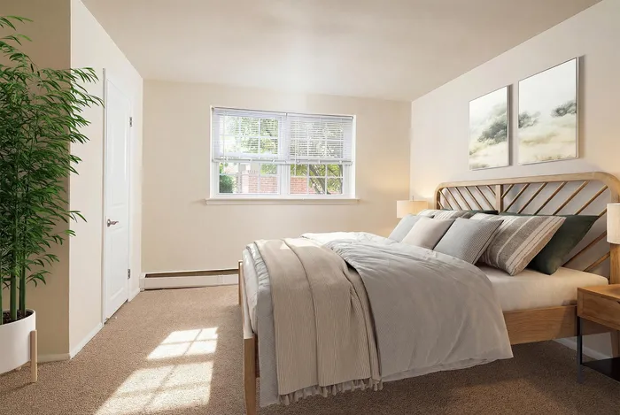 Bright and inviting bedroom with a plush bed, modern wooden headboard, and elegant decor, featuring natural light streaming through a large window.