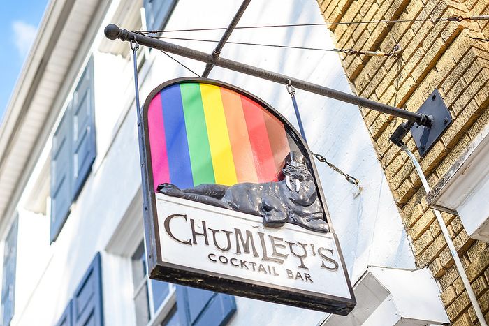 Vibrant cocktail bar sign with a rainbow design and distinctive walrus sculpture, set against a classic building facade.