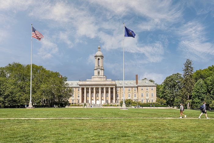Majestic historic building with grand columns, nestled in lush greenery under a vibrant blue sky, flanked by American flags.