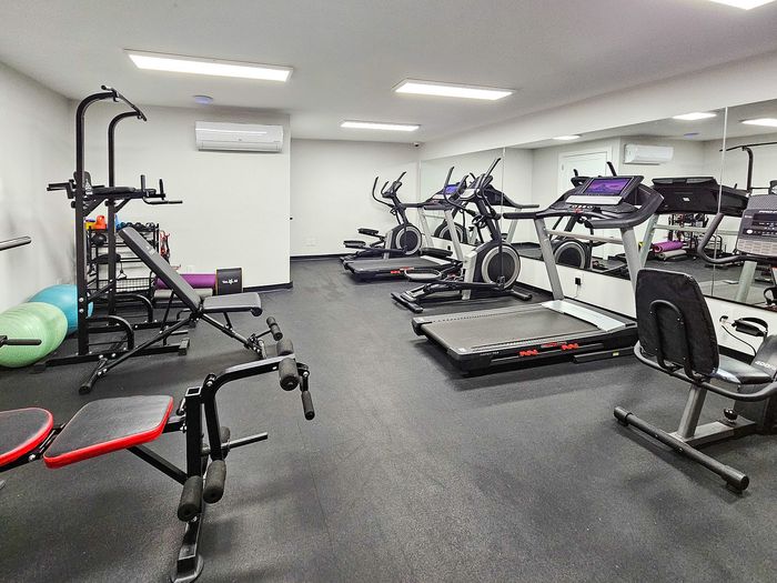 Modern gym with state-of-the-art fitness equipment including treadmills, weight bench, and exercise balls, ideal for a healthy lifestyle.