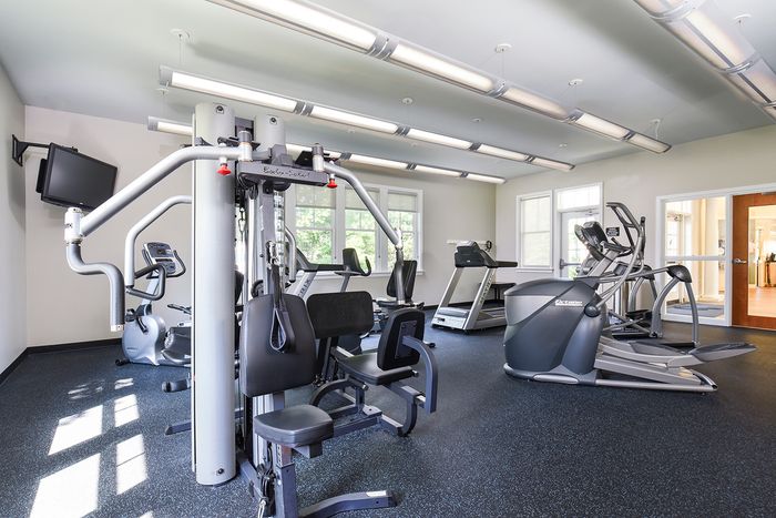 Modern fitness center featuring state-of-the-art exercise equipment, cardio machines, and ample natural light.