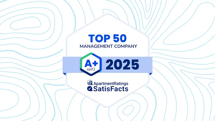Award-winning A+ 2025 badge for Top 50 Management Company by ApartmentRatings and SatisFacts.