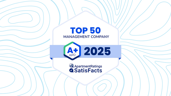 Award-winning badge for Top 50 Management Company in 2025 with an A+ epIQ score, featuring ApartmentRatings and SatisFacts logos.