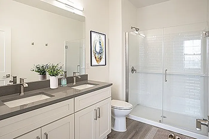 Elegant bathroom with double vanity, sleek countertops, glass-enclosed shower, and modern decor.