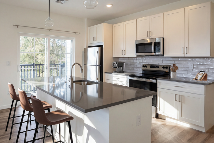 Modern kitchen with sleek countertops, stainless steel appliances, and a sunlit breakfast bar overlooking a balcony view.