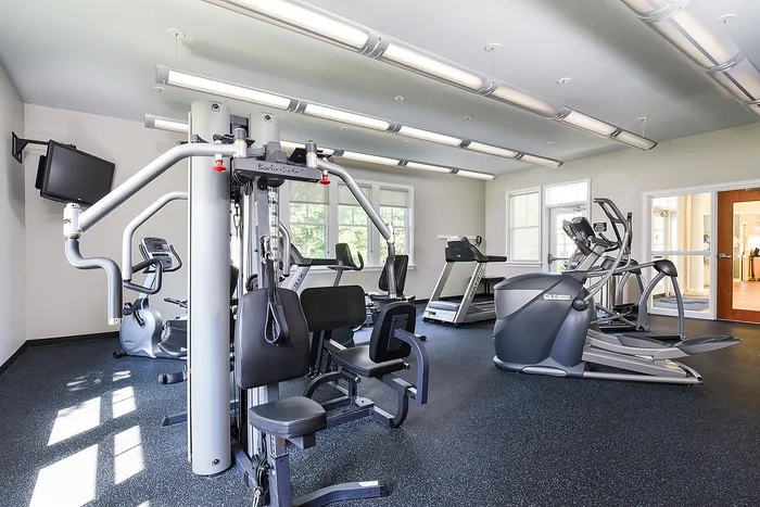 Modern fitness center with state-of-the-art exercise equipment, bright windows, and sleek design.