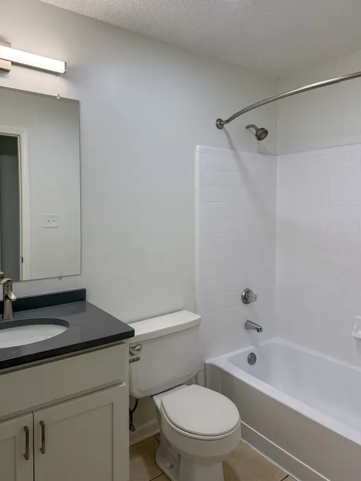 Sleek modern bathroom featuring elegant fixtures, a polished vanity, and a pristine white bathtub.