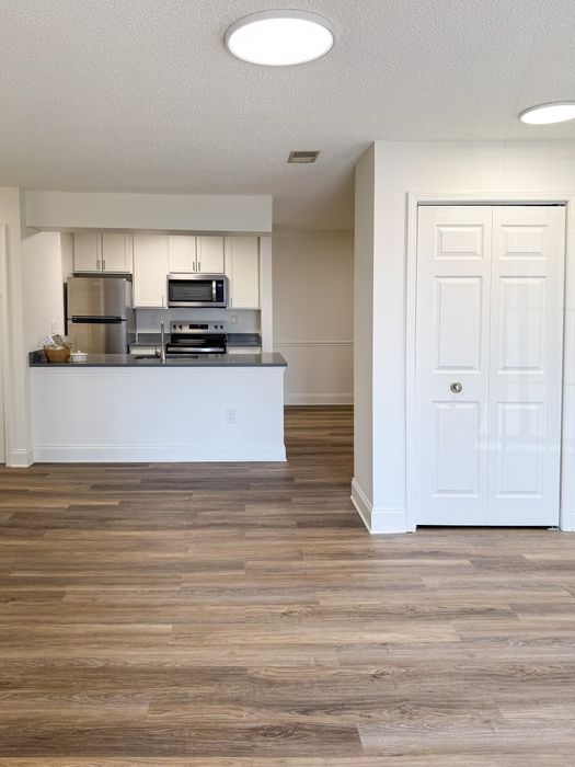 Sleek modern kitchen with stainless steel appliances, elegant cabinetry, and stylish wood flooring in a sunlit open space.