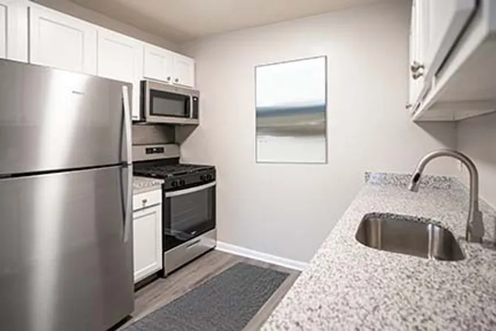 Modern kitchen featuring sleek stainless steel appliances, elegant granite countertops, and stylish white cabinetry.