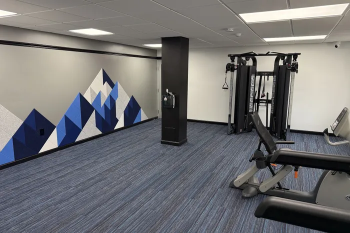 Modern fitness room with geometric blue and gray wall art, featuring state-of-the-art workout equipment on sleek carpet flooring.