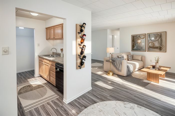 Contemporary open-plan apartment showcasing a cozy living room with elegant decor, a compact kitchen with wooden cabinetry, and sleek wood flooring. Ideal for modern city living.
