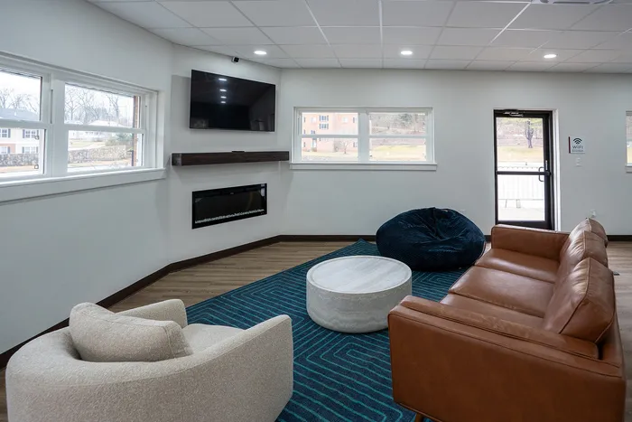 Bright and modern living room with a sleek TV, stylish fireplace, cozy seating, and a large window view.