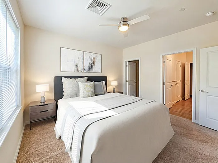 Bright and cozy bedroom with plush carpet, elegant decor, and abundant natural light from large windows.