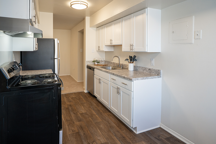 Modern kitchen with sleek stainless steel appliances, elegant cabinetry, and spacious countertops in a bright, inviting space.