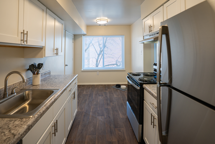 Bright, modern kitchen with sleek stainless steel appliances, elegant countertops, and ample natural light.